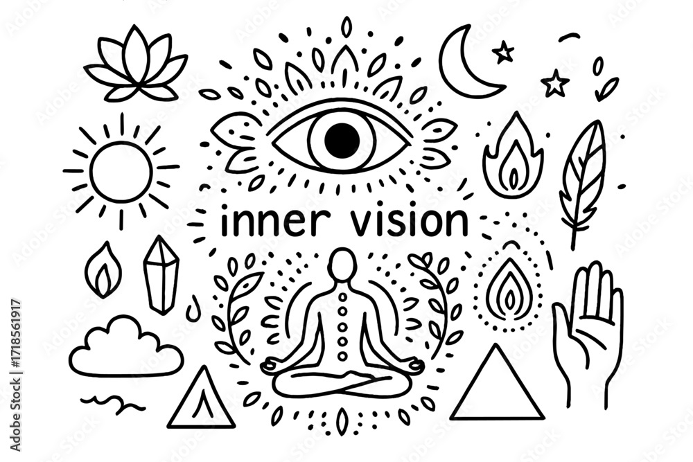 Fototapeta premium Inner Vision Doodle. Hand-drawn doodle illustration [Inner vision] [eye, lotus flower, meditation pose, chakra, mandala, sun, moon, stars, crystal, flame,