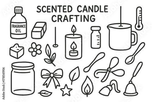 Candle Crafting Icons. Hand-drawn doodle illustration Scented candle crafting Fragrance oil, wax block, wick, candle mold, melting pot, thermometer, spoon,