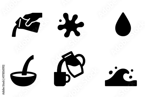 Milk Pouring Icons. Solid, filled icon set of milk pouring actions: hand pouring milk, milk splash, milk drop, milk stream, bowl filling, cup filling, jug