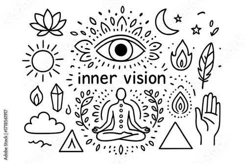 Inner Vision Doodle. Hand-drawn doodle illustration [Inner vision] [eye, lotus flower, meditation pose, chakra, mandala, sun, moon, stars, crystal, flame,