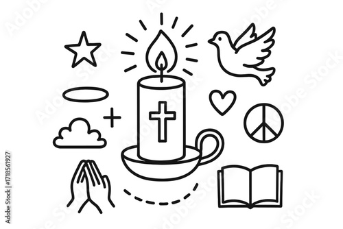 Prayer Candle Symbols. Prayer Candle. Hand-drawn doodle illustration prayer candle candle, holder, flame, rays of light, cross, dove, star, halo, book, hands,