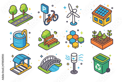 Sustainable City Icons. Colorful isometric vector icons set of sustainable urban planning: tree-lined boulevard, bike parking stand, urban wind turbine,