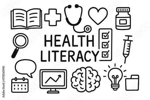 Health Literacy Icons. Hand-drawn doodle illustration Health literacy [open book, stethoscope, heart icon, pill bottle, medical cross, magnifying glass,