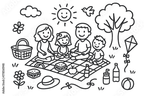 Family Picnic Illustration. Hand-drawn doodle illustration Picnic family gathering [basket, blanket, sandwiches, fruit, drinks, tree, sun, clouds, grass,