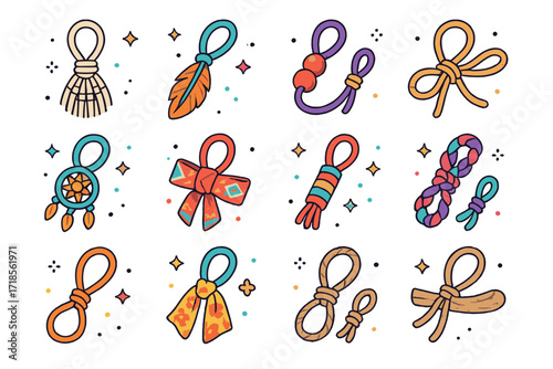 Bohemian Curtain Tie Icons. Colorful isometric vector icons set of bohemian curtain ties: macrame loop, feather tie, wooden bead string, natural hemp rope,