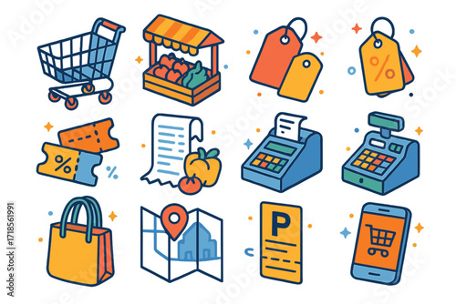 Colorful Shopping Icons. Colorful isometric vector icons set of Market Shopping Day: shopping cart, market stall, price tags, scales with produce, coupons,