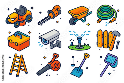 Estate Maintenance Icons. Colorful isometric vector icons set of estate maintenance equipment: ride-on mower, hedge trimmer, wheelbarrow, garden hose, toolbox,