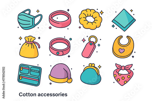 Colorful Cotton Accessories Icons. Colorful isometric vector icons set of cotton accessories: reusable face mask, headband, scrunchie, handkerchief, cotton