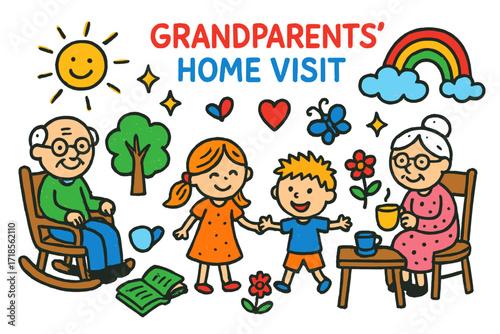 Joyful Family Visit. Colorful Hand-drawn doodle Children illustration Grandparents? Home Visit grandparents, children, rocking chair, table, tea cup, rainbow,
