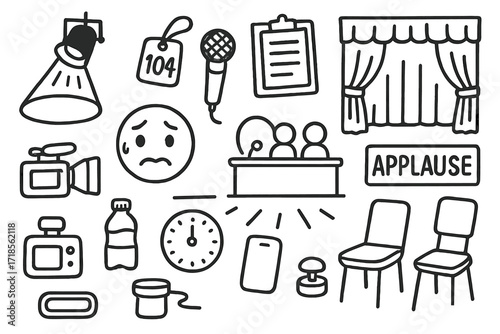Talent Show Audition. Hand-drawn doodle illustration talent show audition spotlight, audition number tag, microphone, clipboard, curtain, stage floor, anxious