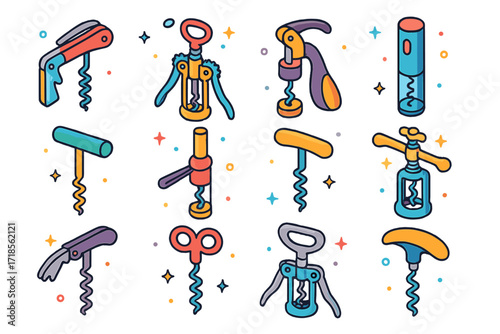 Colorful Corkscrew Icons. Colorful isometric vector icons set of corkscrew designs: waiter's friend, wing corkscrew, rabbit opener, electric opener, T-handle