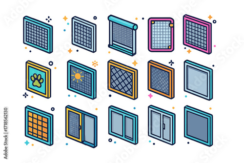 Isometric Window Screens Icons. Colorful isometric vector icons set of types of window screens: aluminum mesh screen, fiberglass mesh screen, retractable