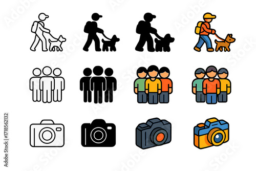 Hiking Companion Icons. Icon Set of Hiking Companions: Dog on leash, Friends group, Camera. Icons set in vector style, emblematic variations. Dog on leash