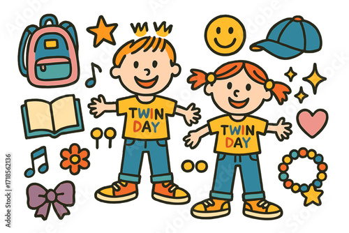 School Twins Playful Icons. Colorful Hand-drawn doodle Children illustration Twin day at school dress, backpack, cap, sneakers, book, heart, star, smiley face,