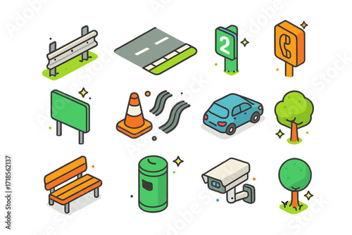 Colorful Roadside Icons. Colorful isometric vector icons set of roadside elements: guardrail, road shoulder, mile marker, emergency phone, roadside sign,