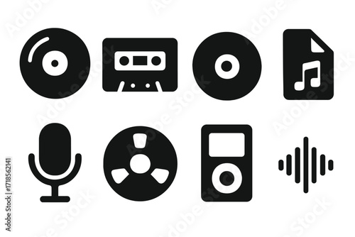 Sound Media Icons. Solid, filled icon set of sound recording media: vinyl record, cassette tape, CD, digital audio file, microphone, reel tape, MP3 player,