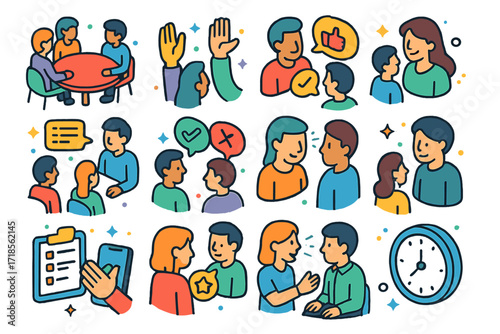 Group Discussion Icons Set. Colorful isometric vector icons set of group discussion etiquette: taking turns, inclusive gestures, acknowledging opinions,
