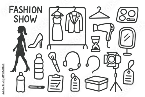 Fashion Show Backstage Essentials. Hand-drawn doodle illustration Fashion show backstage clothes rack, high heels, hanger, makeup palette, hair dryer, mirror,