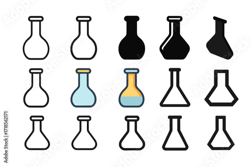 Colorful Flask Logos. Set Logo of Flasks: Flat-bottom volumetric flask. Logo set in vector style, emblematic variations. line, bold thick line, solid black