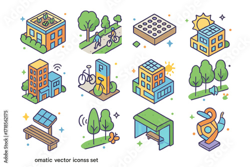 Eco-Friendly Urban Icons. Colorful isometric vector icons set of low-impact urban architecture: rooftop community garden, pedestrian green alley, permeable