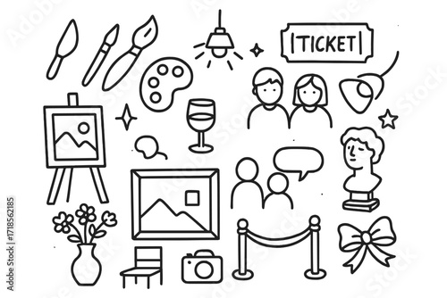 Art Gallery Opening Icons. Hand-drawn doodle illustration art gallery opening event picture frame, easel, paintbrush, palette, wine glass, spotlight, ticket,