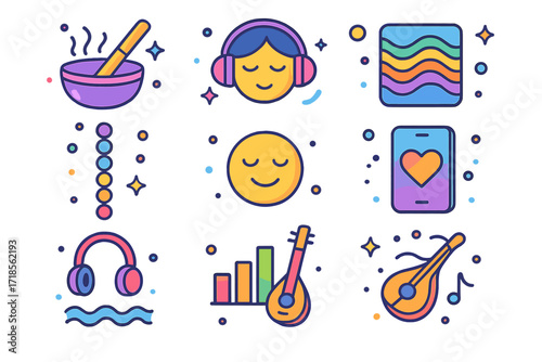 Music and Wellness Icons. Colorful isometric vector icons set of music and wellness fusion: sound bath bowl, headphone meditation icon, peaceful aura wave, zen