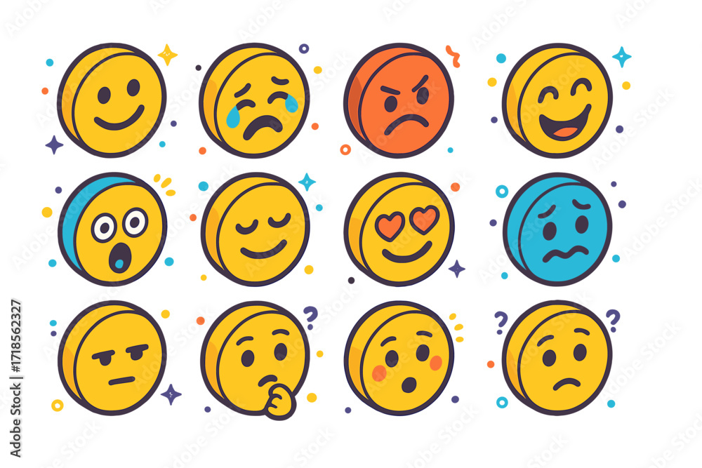 Fototapeta premium Colorful Emotion Icons. Emotions. Colorful isometric vector icons set of emotions: smiling face, crying face, angry face, laughing face, shocked face, relaxed