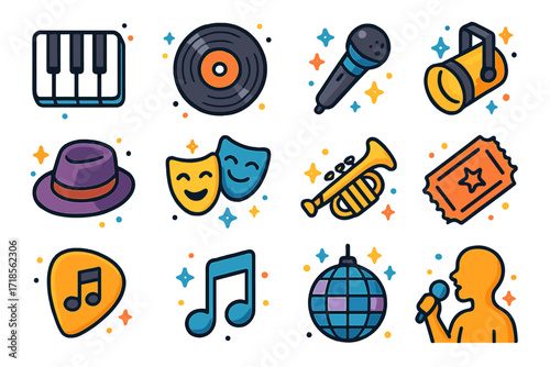 Musical Genre Icons. Colorful isometric vector icons set of Musical Genre: piano keys, vinyl record, microphone, stage spotlight, jazz hat, theater mask,