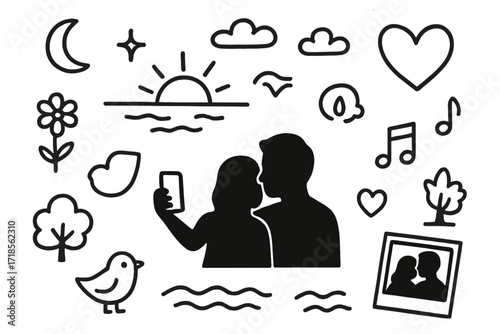Romantic Sunset Doodles. Hand-drawn doodle illustration Romantic sunset selfies [couple silhouette, smartphone, heart, sun, horizon, clouds, star, moon,