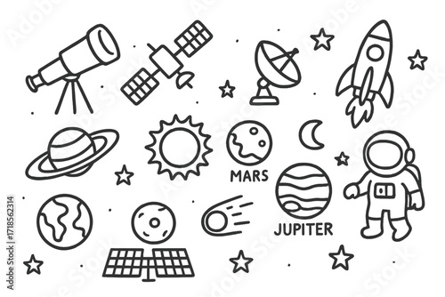 Space Exploration Doodles. Hand-drawn doodle illustration Space telescopes telescope, satellite, antenna, rocket, orbit line, star, sun, planet, mars, jupiter,