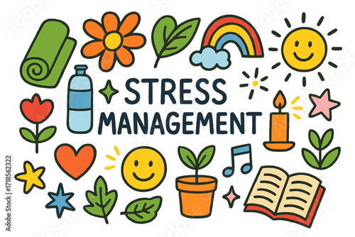 Stress Relief Doodles. Colorful Hand-drawn doodle Children illustration Stress Management [yoga mat, water bottle, heart, flower, leaf, rainbow, star, sun,