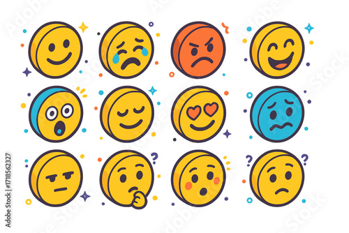 Colorful Emotion Icons. Emotions. Colorful isometric vector icons set of emotions: smiling face, crying face, angry face, laughing face, shocked face, relaxed