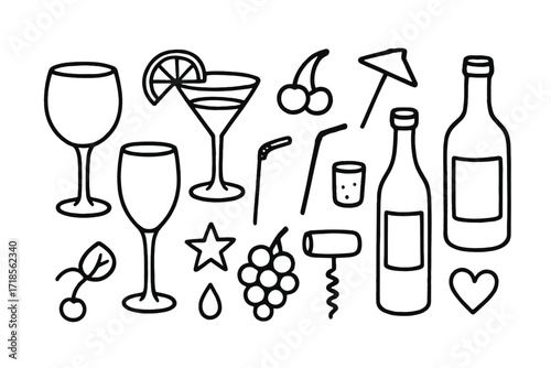 Doodle Drink Icons. Hand-drawn doodle illustration Wine glass rim wine glass, champagne flute, cocktail glass, rim garnish, lemon slice, cherry, straw,