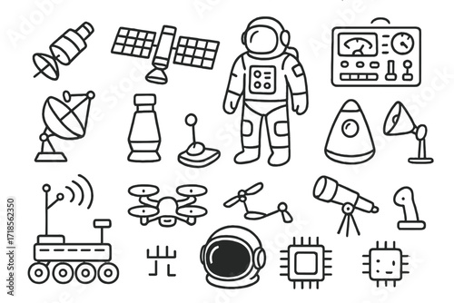 Space Tech Doodle. Space technology. Hand-drawn doodle illustration space technology satellite, solar panel, control panel, radar dish, rocket