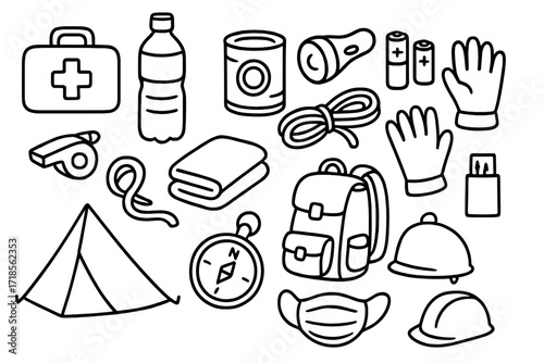 Emergency Supplies Doodle. Hand-drawn doodle illustration emergency supplies first aid kit, water bottle, canned food, flashlight, batteries, whistle, blanket,