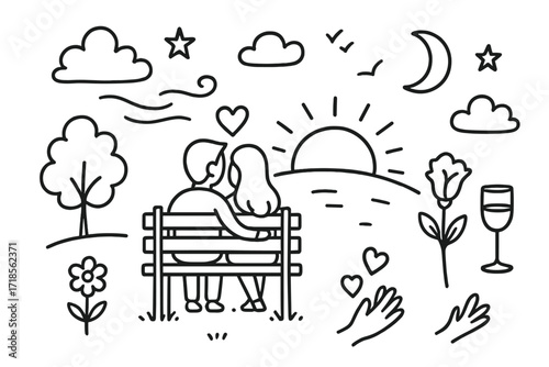 Romantic Sunset Doodles. Hand-drawn doodle illustration Romantic sunset scene [couple, heart, bench, sun, hill, tree, flower, star, moon, cloud, breeze lines,