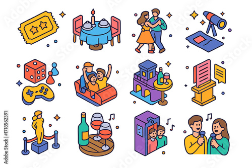 Date Night Icons. Colorful isometric vector icons set of date night ideas: movie night ticket, romantic dinner table, dancing couple, stargazing setup, game