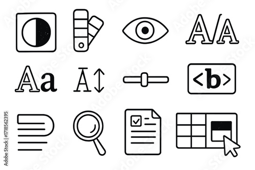 Typography Accessibility Icons. Hand-drawn doodle illustration Contrast and accessibility in typography high contrast icon, color palette, eye icon, A/A icon,