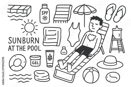 Poolside Sunburn Doodles. Hand-drawn doodle illustration Sunburn at the pool [pool edge, lounge chair, sunburn mark, sunscreen, towel, swimsuit, SPF icon,