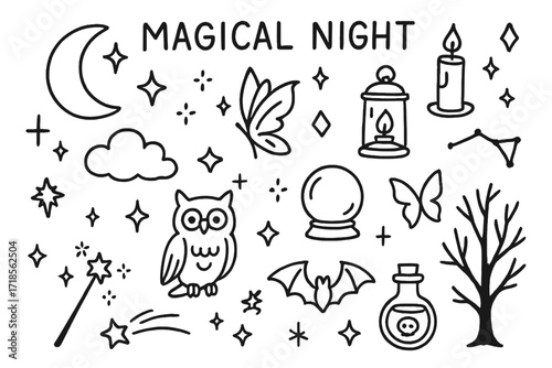 Magical Night Doodles. Hand-drawn doodle illustration Magical night [moon, stars, cloud, sparkles, lantern, candle, crystal ball, owl, bat, fairy wings, tree