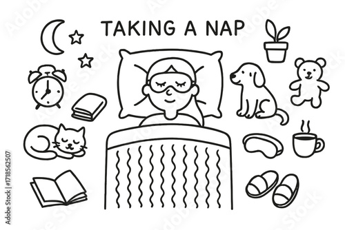 Cozy Nap Doodle. Hand-drawn doodle illustration Taking a nap Bed, Pillow, Blanket, Mattress, Alarm clock, Cat, Dog, Book, Coffee cup, Eye mask, Slippers, Moon,