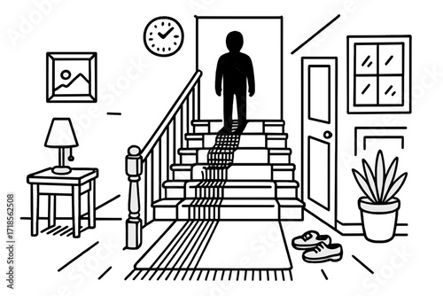 Person atop Staircase. Hand-drawn doodle illustration Person at the Top of the Stairs [staircase, person silhouette, railing, steps, lamp, shadow, door,