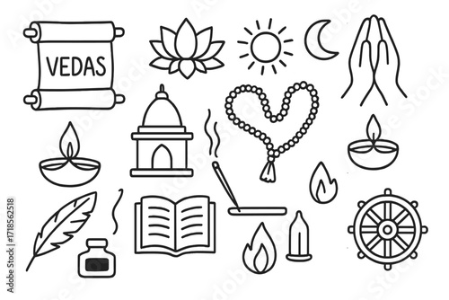 Vedic Symbols Doodle. Hand-drawn doodle illustration Vedic scriptures scroll, lotus flower, sun, moon, star, diya lamp, temple, prayer beads, incense stick,