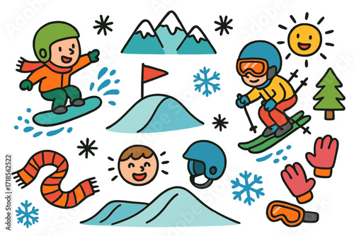 Snow Fun Doodles. Colorful Hand-drawn doodle Children illustration Snow park jumps and tricks snowboard, skier, ramp, mountain, snowflake, pine tree, helmet,