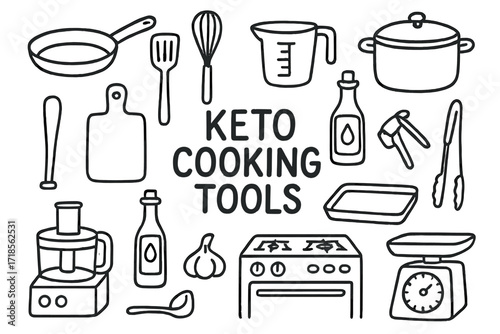 Keto Kitchen Tools Doodle. Hand-drawn doodle illustration [keto cooking tools] [frying pan, spatula, whisk, measuring cup, cutting board, pot, oil bottle,