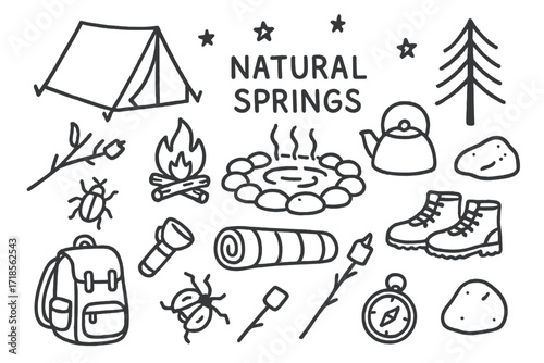 Camping Essentials Doodle. Hand-drawn doodle illustration [camping by natural springs] [tent, campfire, water source, backpack, flashlight, bug, sleeping bag,