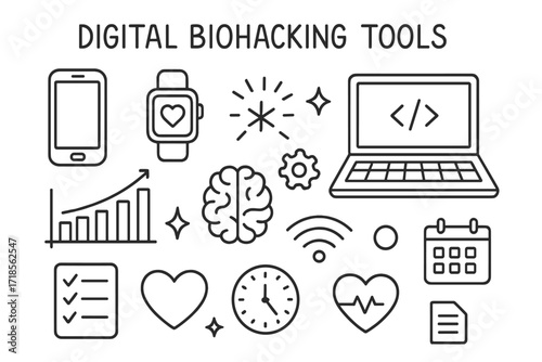Biohacking Tools Doodles. Hand-drawn doodle illustration Digital biohacking tools [smartphone, smartwatch, laptop, graph, chart, checklist, brain, spark, star,