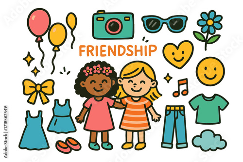 Playful Friendship Icons. Colorful Hand-drawn doodle Children illustration Friendship photo shoot camera, sunglasses, dresses, balloons, flower crown, heart,