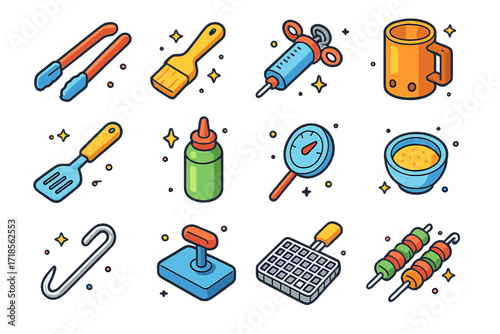 Steak Utensils Icon Set. Colorful isometric vector icons set of Steak Preparation Utensils: grilling tongs, marinade brush, meat injector, charcoal chimney,
