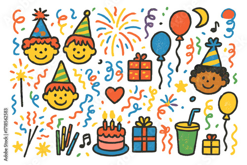 Festive Children's Celebration. Colorful Hand-drawn doodle Children illustration Festive Celebration sparklers, streamers, confetti, smiling faces, party hats,